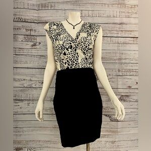 Snow leopard and black bodycon dress with v-neckline size medium